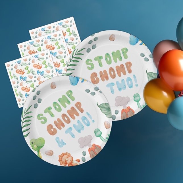 Stomp,Chomp, and Two Dinosaur Watercolor Birthday Paper Plates (Creator Uploaded)