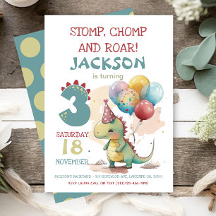 Stomp, Chomp, Chomp Dinosaur 3rd Birthday Party Invitation