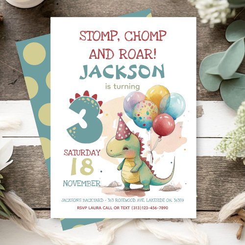 Stomp Chomp Chomp Dinosaur 3rd Birthday Party Invitation