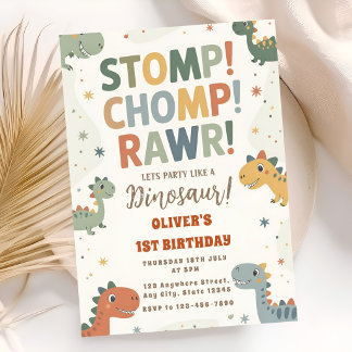 Stomp Chomp Dino Fun 1st Birthday Invitation