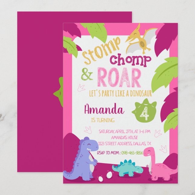 Stomp & Chomp Girl Dinosaur Birthday Invitation (Front/Back)