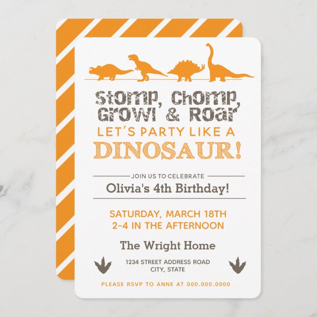 Stomp Chomp Growl and Roar Dinosaur Birthday Invitation (Front/Back)