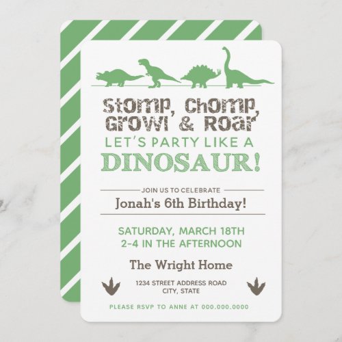 Stomp Chomp Growl  Roar Dinosaur Birthday Party Invitation