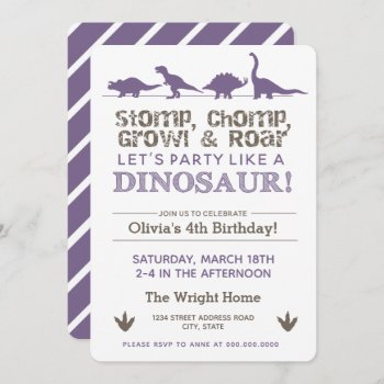 Stomp Chomp Purple Dinosaur Birthday Invitation by LaurEvansDesign at Zazzle