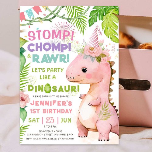 Stomp Chomp Rawr Dinosaur 1st Birthday Girl Pink Invitation