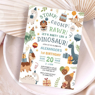 Stomp Chomp Rawr Dinosaur 1st Birthday Party Boy Invitation