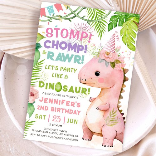 Stomp Chomp Rawr Dinosaur 2nd Birthday Party Girl Invitation