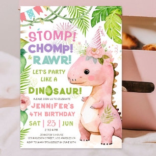 Stomp Chomp Rawr! Dinosaur 4th Birthday Girl Pink Invitation