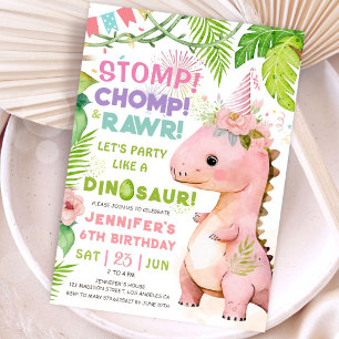 Stomp Chomp Rawr! Dinosaur 6th Birthday Party Girl Invitation