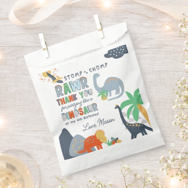 Stomp Chomp Rawr Dinosaur Birthday Thank You  Favor Bag (Clipped)