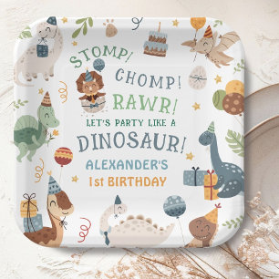 Stomp Chomp Rawr Dinosaur Boy 1st Birthday Paper Plates