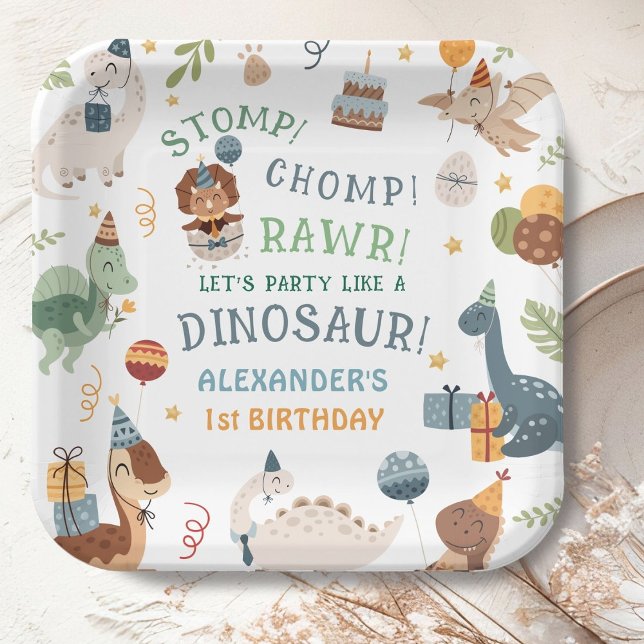 Stomp Chomp Rawr Dinosaur Boy 1st Birthday Paper Plates (Creator Uploaded)