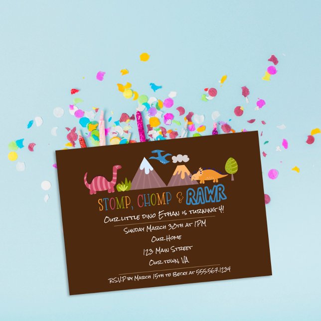 Stomp, Chomp & Rawr Fun Dinosaur Kids Birthday  Invitation (Creator Uploaded)