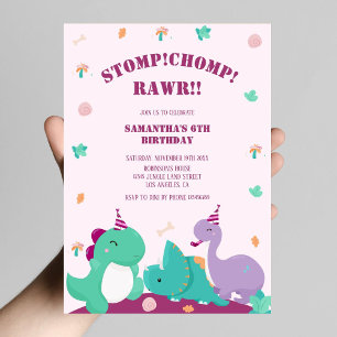 Stomp Chomp Rawr Pink Cute Dinosaur Birthday Invitation