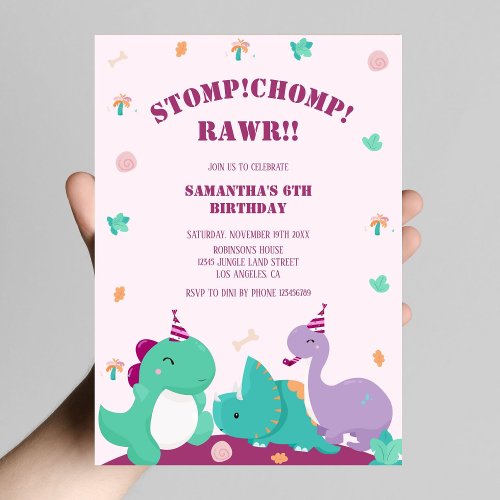Stomp Chomp Rawr Pink Cute Dinosaur Birthday  Invitation