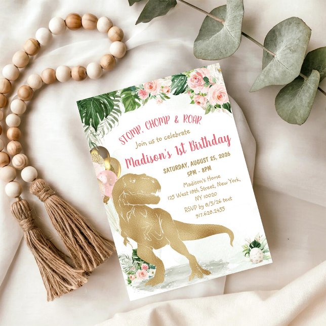Stomp, Chomp, Road Dinosaur Gold Pink Birthday Invitation (Creator Uploaded)