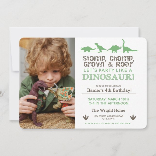 Stomp Chomp ROAR Birthday Dinosaur Download Green Invitation (Front)