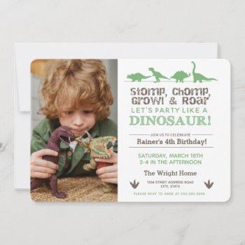 Stomp Chomp Roar Birthday Dinosaur Download Green Invitation by LaurEvansDesign at Zazzle