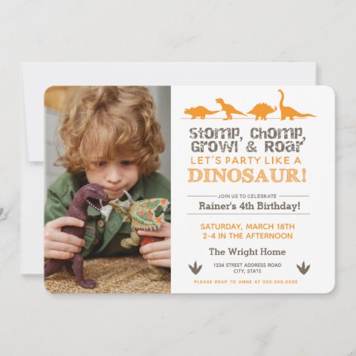 Stomp Chomp ROAR Birthday Orange Dinosaur Download Invitation