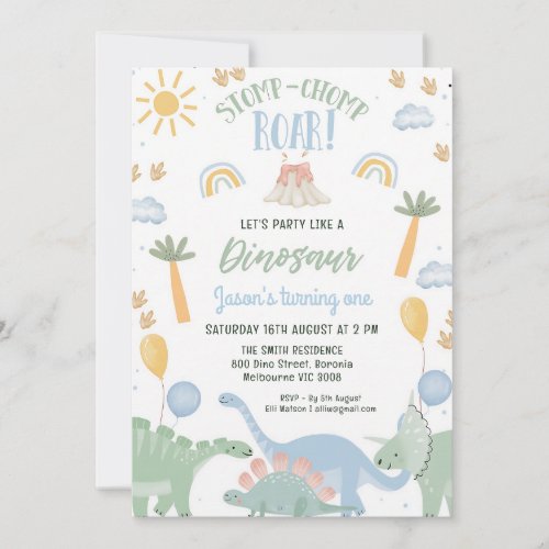 Stomp Chomp Roar Dino 1st Birthday Invitation