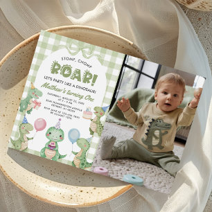 Stomp Chomp Roar Dinosaur 1st Birthday Photo Invitation