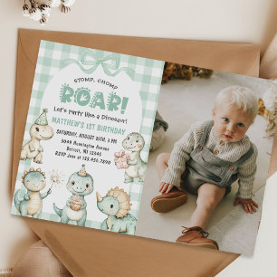 Stomp Chomp Roar Dinosaur 1st Birthday Photo Invitation
