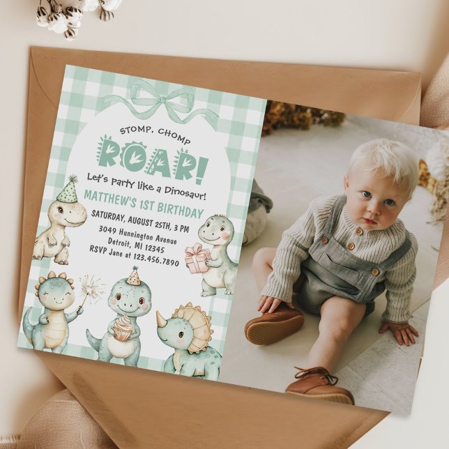 Stomp Chomp Roar Dinosaur 1st Birthday Photo Invitation (Creator Uploaded)