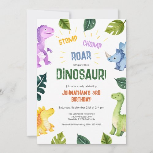 Stomp Chomp Roar Dinosaur 3rd Birthday Party Invitation