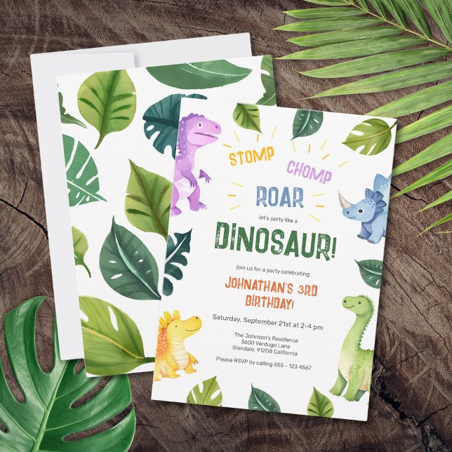 Stomp Chomp Roar Dinosaur 3rd Birthday Party Invitation (Stomp Chomp Roar Dinosaur 3rd Birthday Party Invitation)