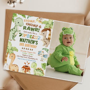 Stomp Chomp Roar Dinosaur 3rd Birthday Photo Invitation