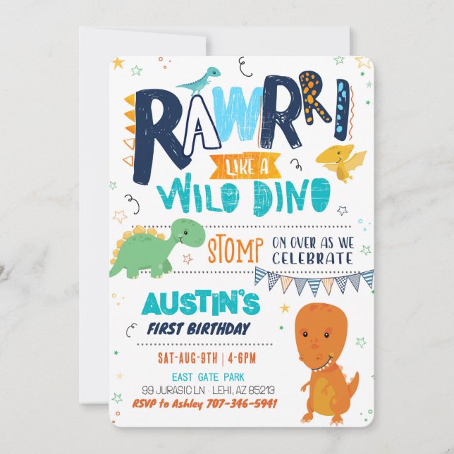 Stomp Chomp Roar Dinosaur Birthday Invitation (Front)