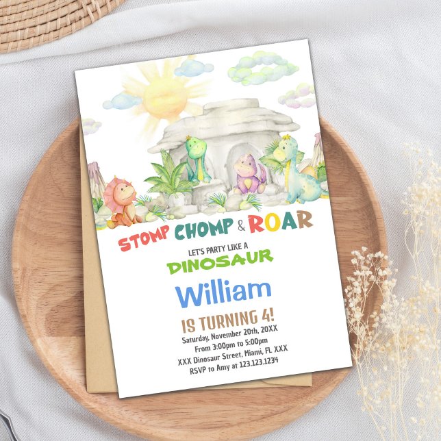 Stomp Chomp Roar Dinosaur Birthday Invitation (Stomp Chomp Roar Dinosaur Birthday Invitations)
