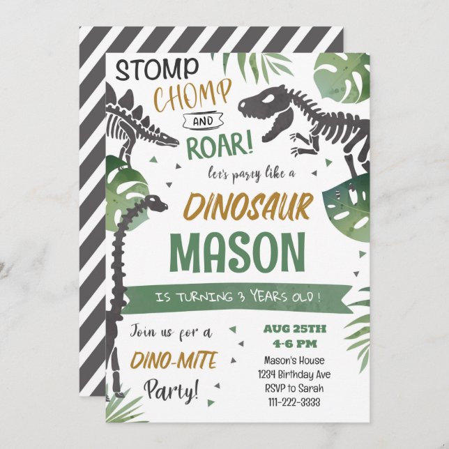 Stomp Chomp Roar Dinosaur Birthday Invitation (Front/Back)