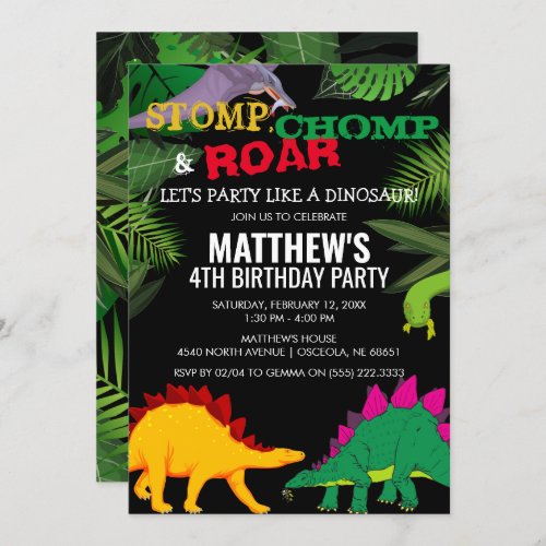 Stomp Chomp  Roar Dinosaur Birthday Invitation
