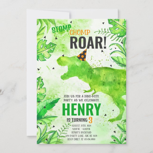Stomp Chomp Roar Dinosaur Birthday Invitation (Front)