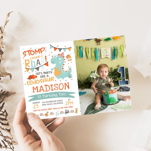 Stomp Chomp  Roar Dinosaur  Birthday Photo Invitation