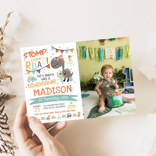 Stomp Chomp  Roar Dinosaur Birthday Photo Invitation