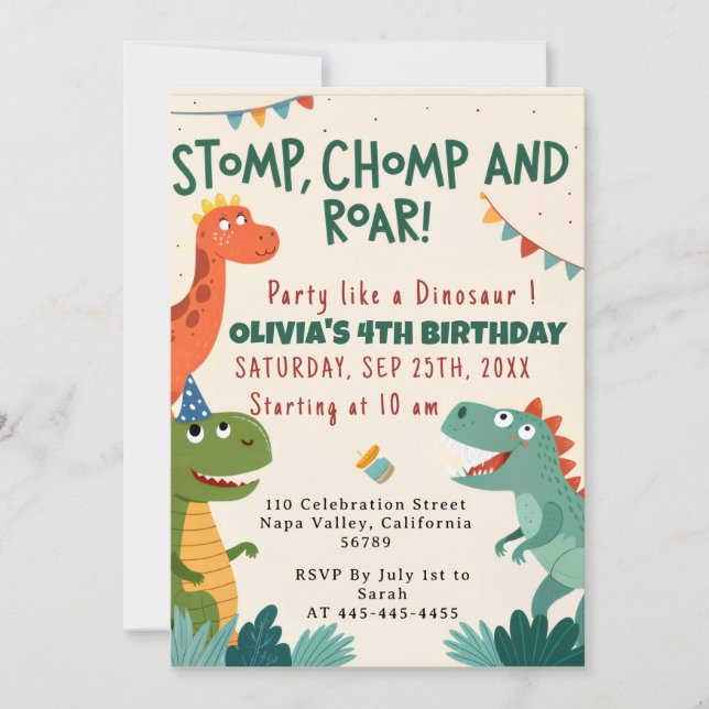 Stomp Chomp Roar Dinosaur Boy's Birthday Party  Invitation (Front)