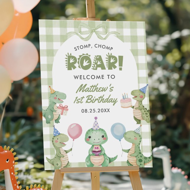 Stomp Chomp Roar Dinosaur Gingham 1st Birthday Foam Board (Creator Uploaded)