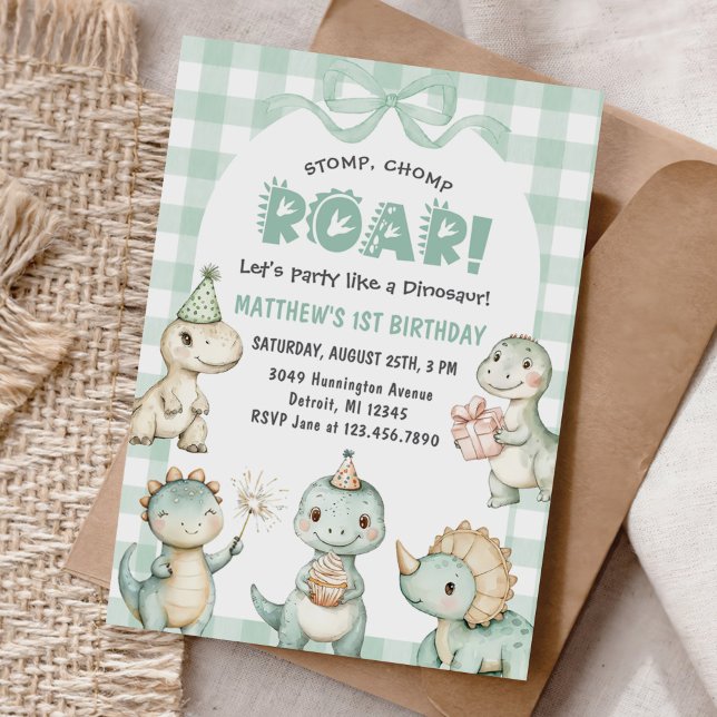 Stomp Chomp Roar Dinosaur Gingham 1st Birthday Invitation (Creator Uploaded)