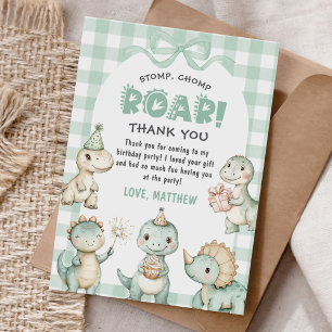 Stomp Chomp Roar Dinosaur Gingham 1st Birthday Thank You Card