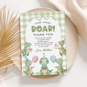 Stomp Chomp Roar Dinosaur Gingham 1st Birthday Thank You Card