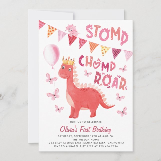 Stomp Chomp Roar Dinosaur Girl 1st Birthday Party Invitation (Front)