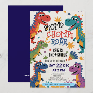 Stomp Chomp Roar dinosaur one a saurus birthday Invitation