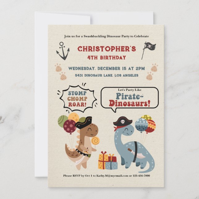 Stomp Chomp Roar Dinosaur Pirate Boys Birthday Invitation (Front)