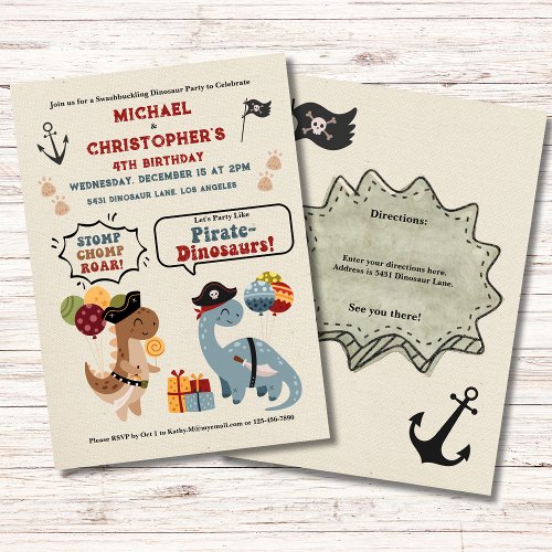 Stomp Chomp Roar Dinosaur Pirate Twin Boy Birthday Invitation