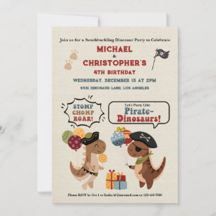 Stomp Chomp Roar Dinosaur Pirate Twin Boy Birthday Invitation