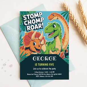 Stomp Chomp Roar   Fun Cute Dinosaurs 5th Birthday Invitation