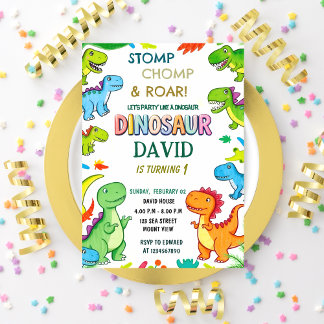Stomp Chomp & Roar into Fun Dinosaur 1st Birthday Invitation