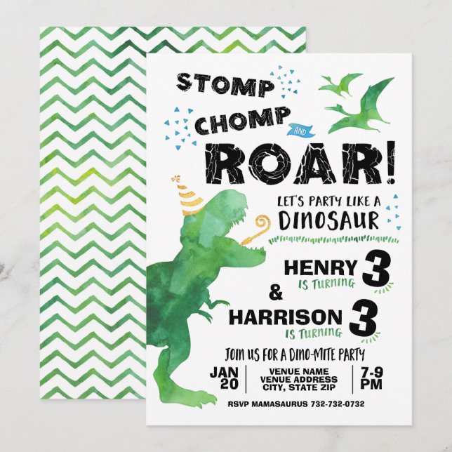Stomp Chomp Roar Joint Sibling Dinosaur Birthday Invitation (Front/Back)